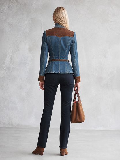 Women’s Fitted Denim Moto Jacket With Suede Trim