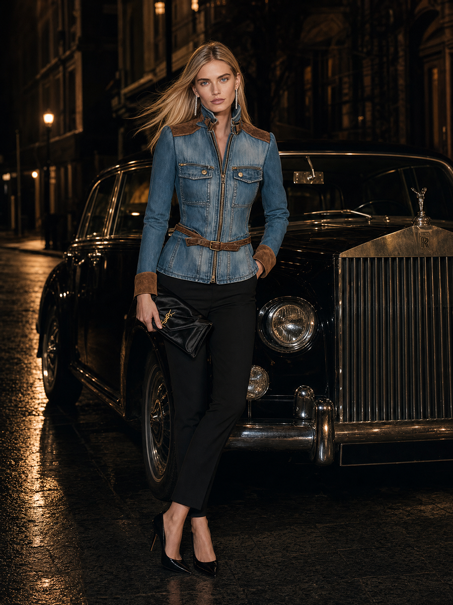Women’s Fitted Denim Moto Jacket With Suede Trim