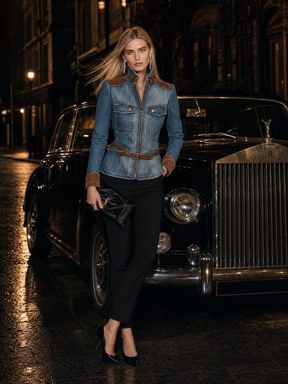 Women’s Fitted Denim Moto Jacket With Suede Trim