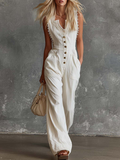 Elegant Vintage Western V-neck Front Buttons Lace Trim White Cotton Jumpsuit