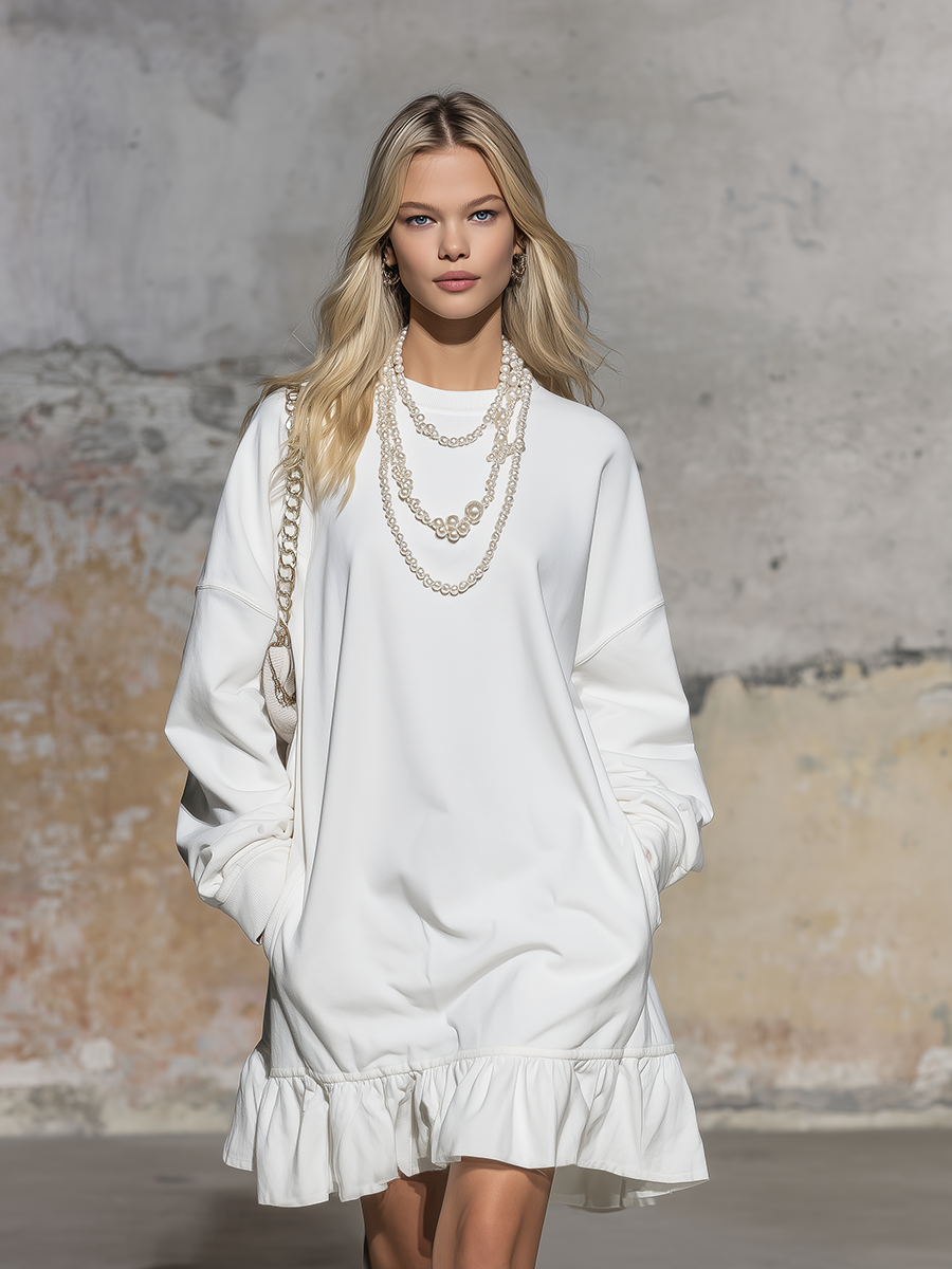 Sporty Casual Solid Color Ruffled Mini Sweatshirt Dress