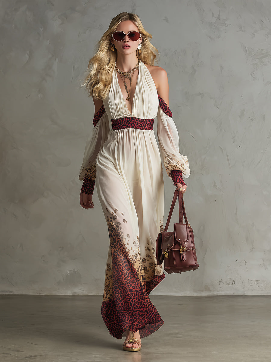 Elegant Vacation-style Printed Off-white Chiffon Off-the-shoulder Long-sleeved Maxi Dress