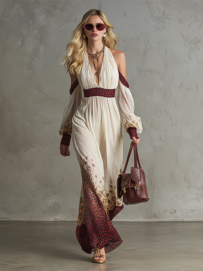 Elegant Vacation-style Printed Off-white Chiffon Off-the-shoulder Long-sleeved Maxi Dress