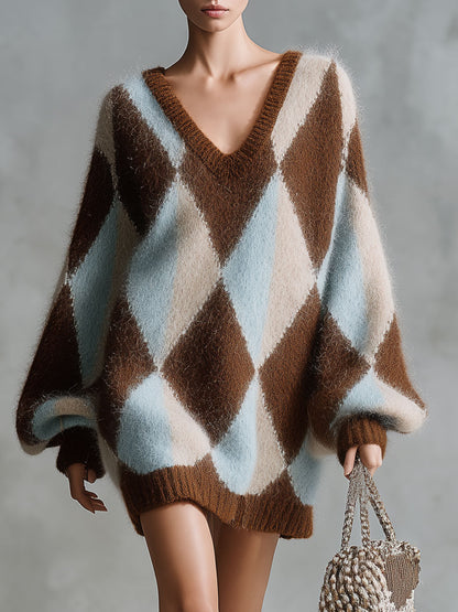 Retro-Elegant Oversized Brown And Blue Argyle V-Neck Mohair Knit Mini Dress