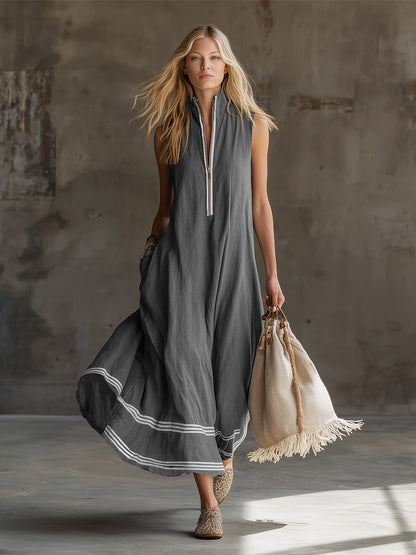Elegant And Casual Striped Trim Gray Cotton And Linen Sleeveless Maxi Dress