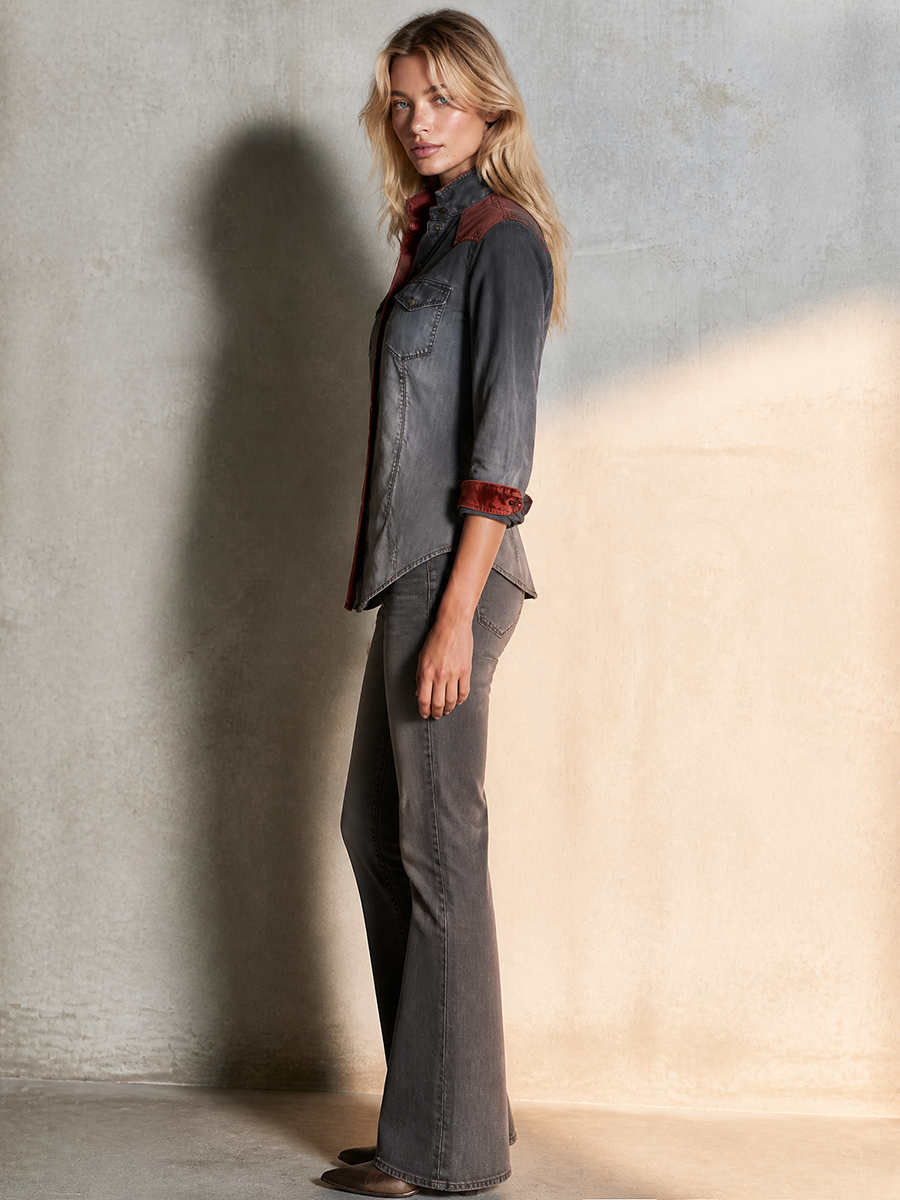 Women’s Ombre Western Denim Shirt With Velvet Trim