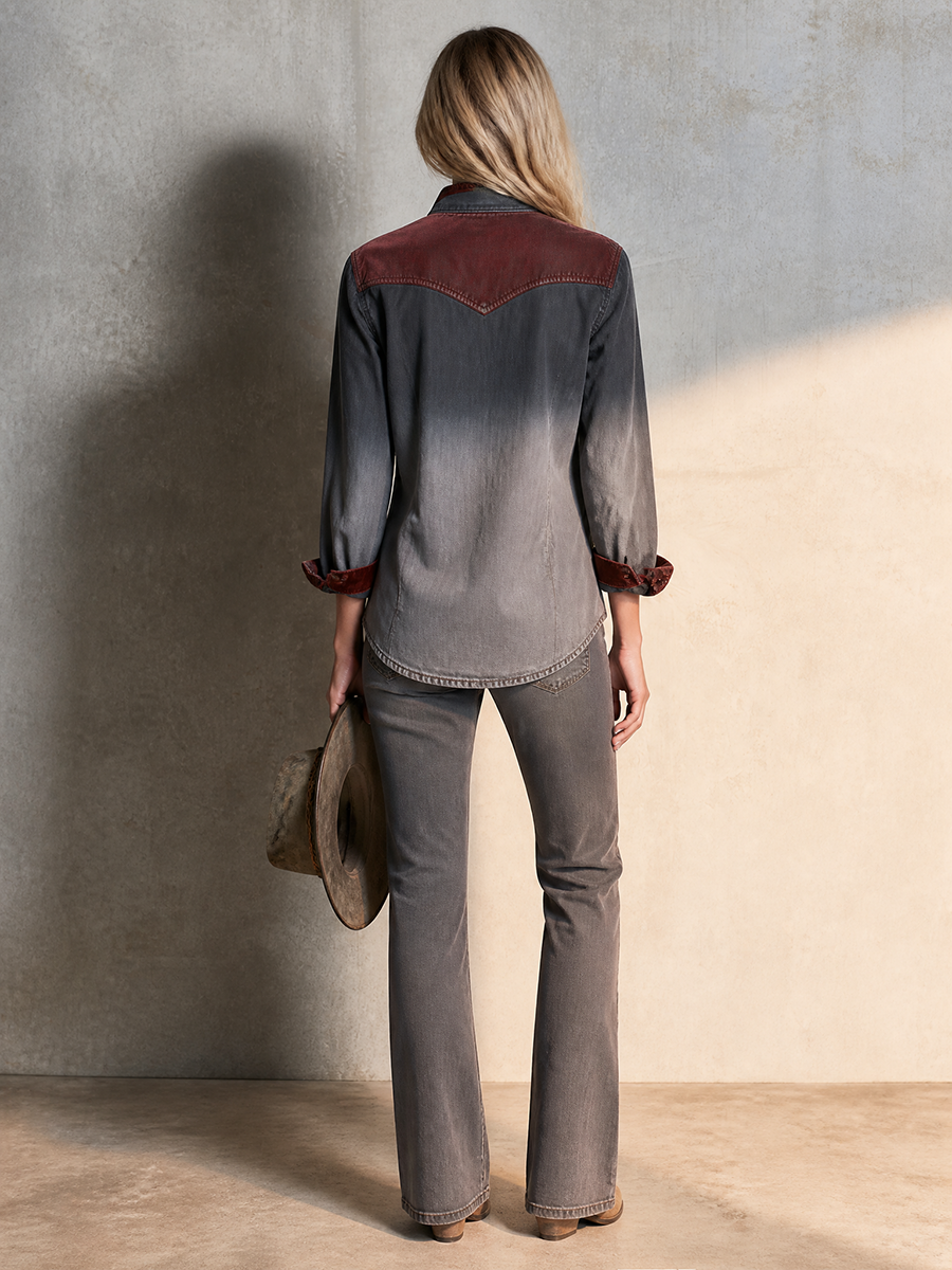 Women’s Ombre Western Denim Shirt With Velvet Trim