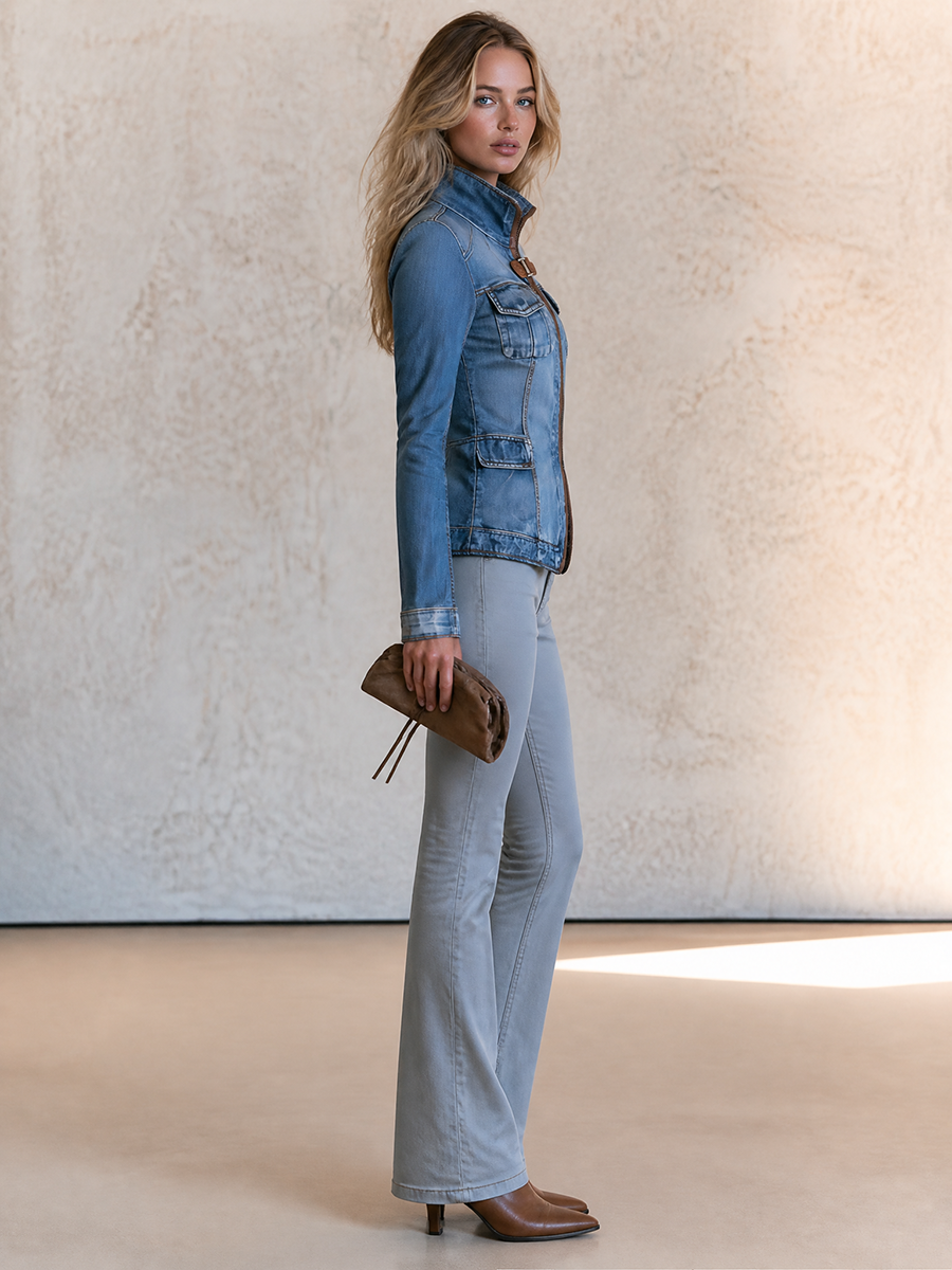 Women’s Fitted Denim Moto Jacket With Suede Trim