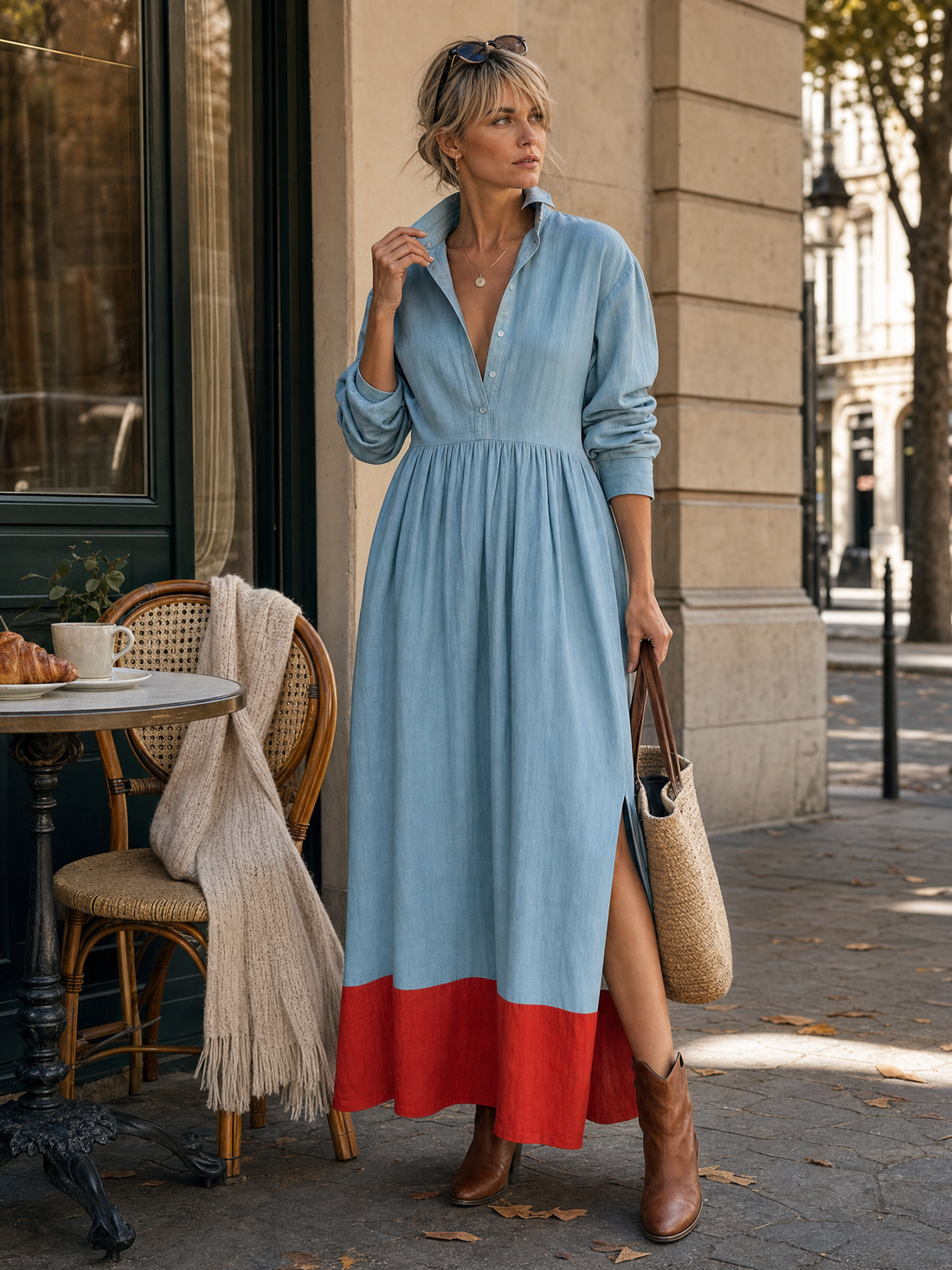 Retro Blue Cotton-Linen Color-Block Hem V-Neck Long-Sleeve Silt Maxi Dress