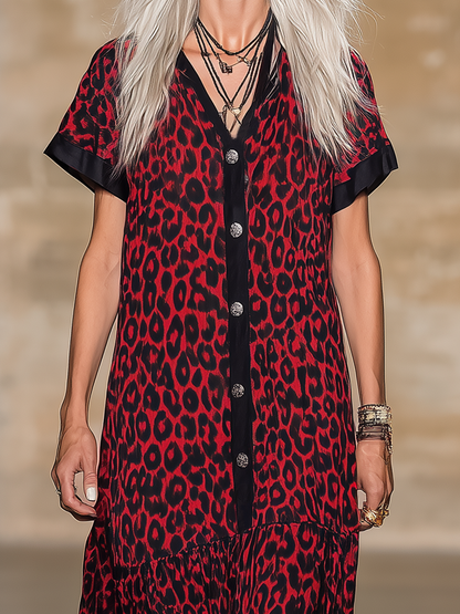 Loose-fitting Western-style Leopard Print Matte Satin Sleeveless Red Maxi Dress