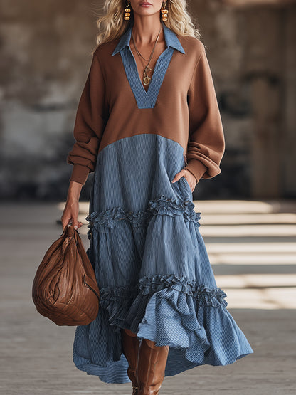 Trendy Sporty Brown Sweatshirt With Contrasting Blue Stripes  Silhouette Maxi Dress