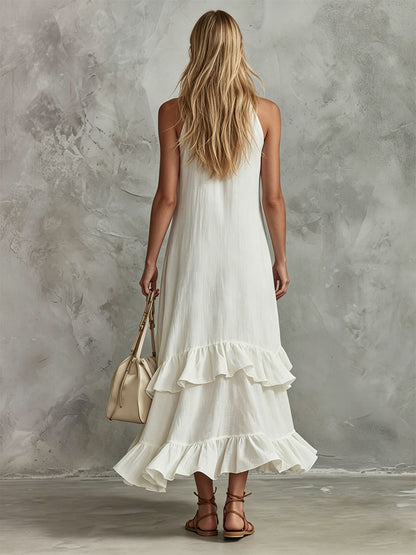 Retro-elegant White Sleeveless Ruffled Cotton-linen Midi Dress