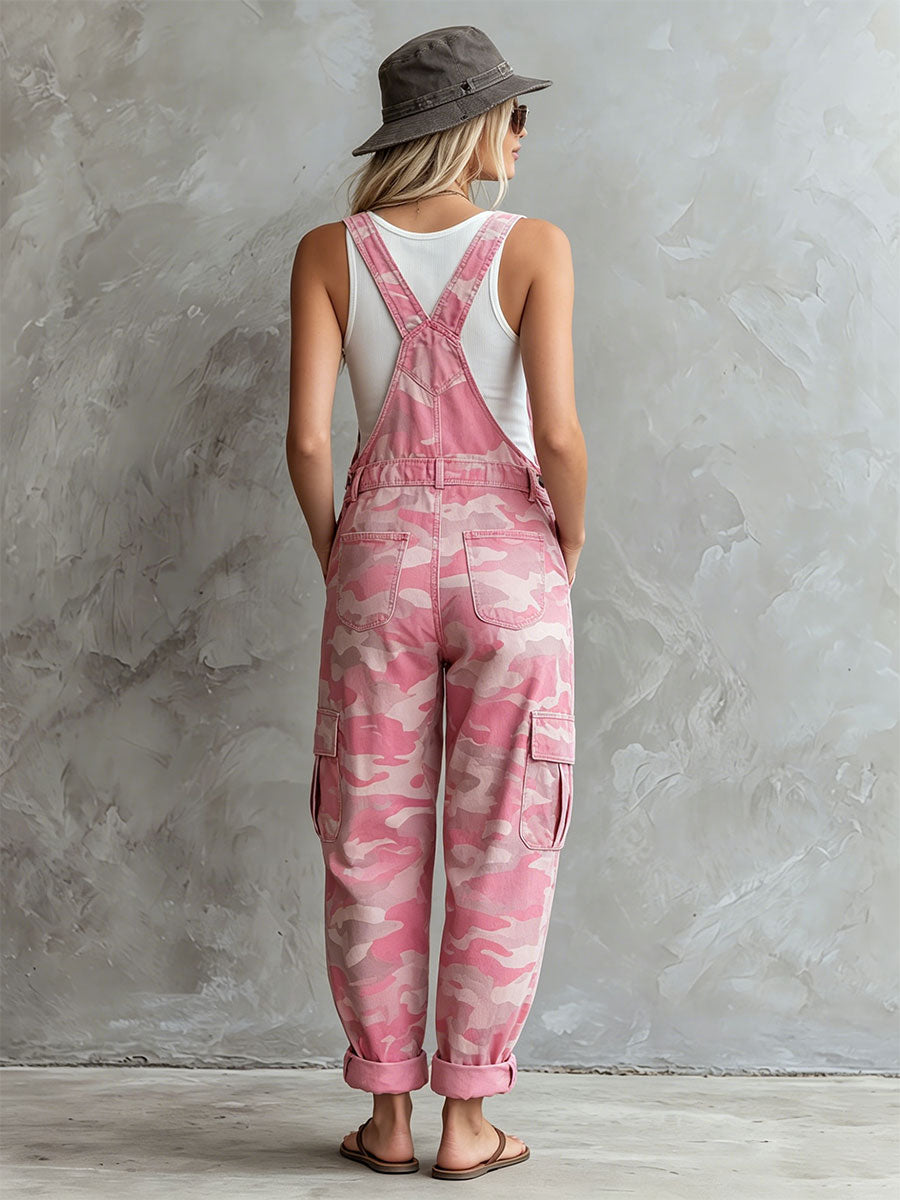 Casual Retro Pink Overalls With Multiple Pockets Camouflage Denim Jumpsuit