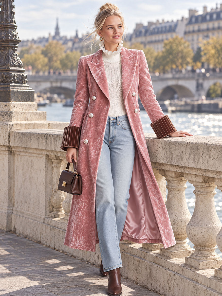 Retro Elegant Pink Crushed Velvet Contrast-Cuff Double-Breasted Long Coat