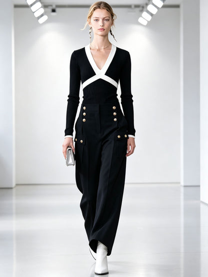 Fashionable Retro Black And White Knitted Long-sleeved Top And Multi-pocket Pants Set