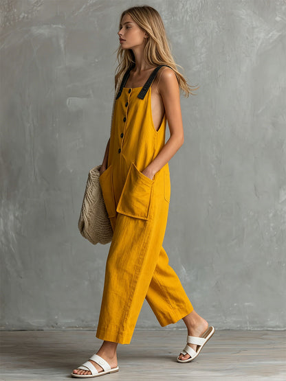 Casual Retro Color-blocked Yellow Sleeveless Button Cotton-linen Jumpsuit