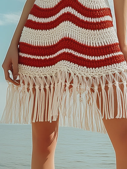 Fashion Resort Red and White Knitted Ripple Sleeveless Tassel Mini Dress