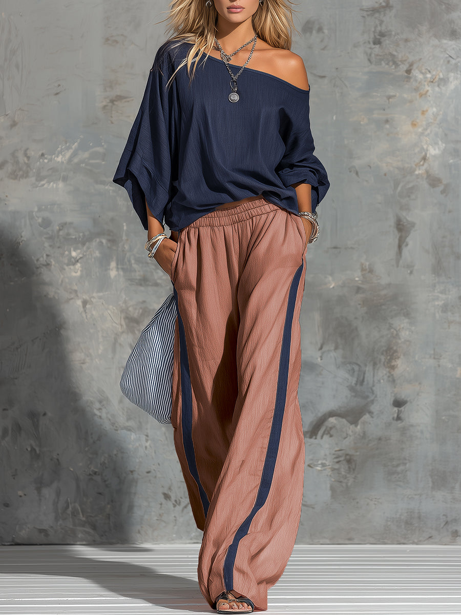 Retro Stylish Casual Short Sleeve Top And Wide-leg Pants Set