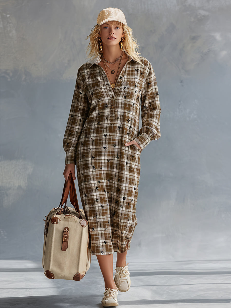 Stylish And Casual Brown Plaid Midi Dress