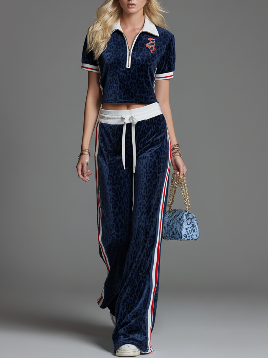 Retro Sporty Short-sleeved Polo Shirt And Leopard Print Velvet Trousers Set