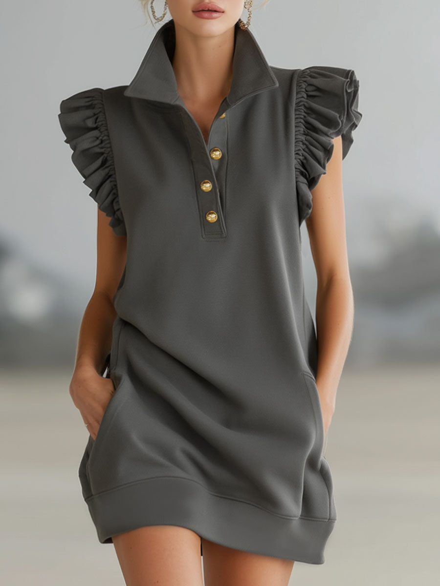 Collared Button-down Ruffled Sleeveless Mini Dress
