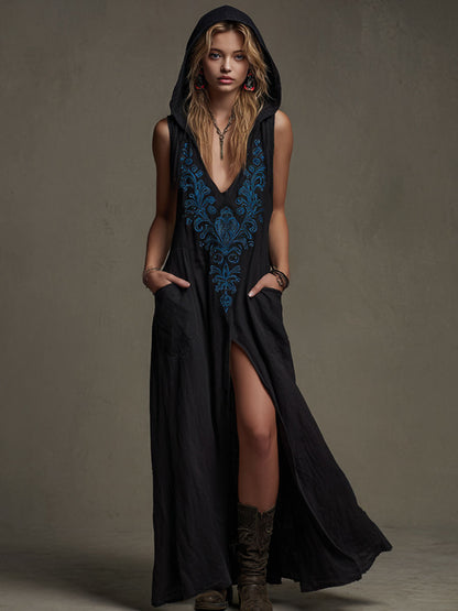 Western-style Retro Embroidered Black Sleeveless Hooded Cotton-linen Maxi Dress