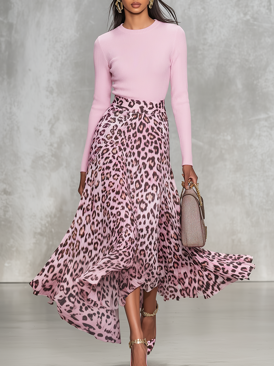 Elegant Round Neck Knitted Patchwork Leopard Print Chiffon Midi Dress