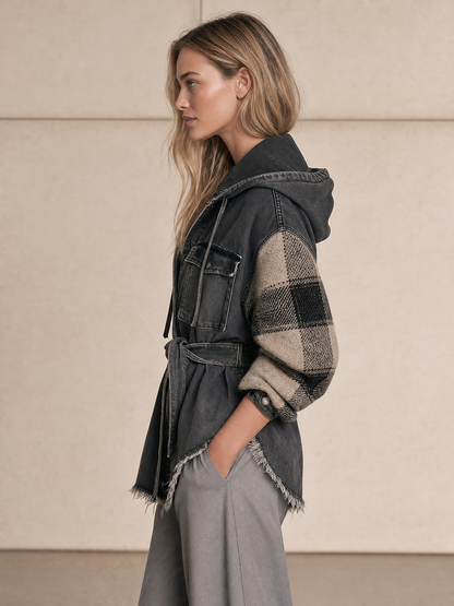 Women’s Hooded Denim Shacket With Plaid Sleeves And Belt