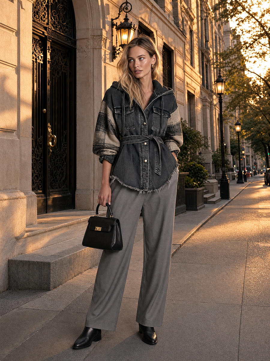 Women’s Hooded Denim Shacket With Plaid Sleeves And Belt