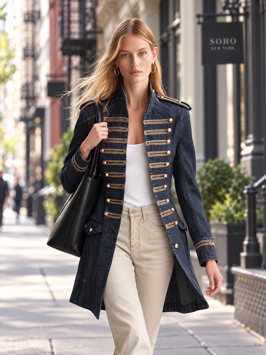 Women’s Denim Military Jacket With Gold Trim