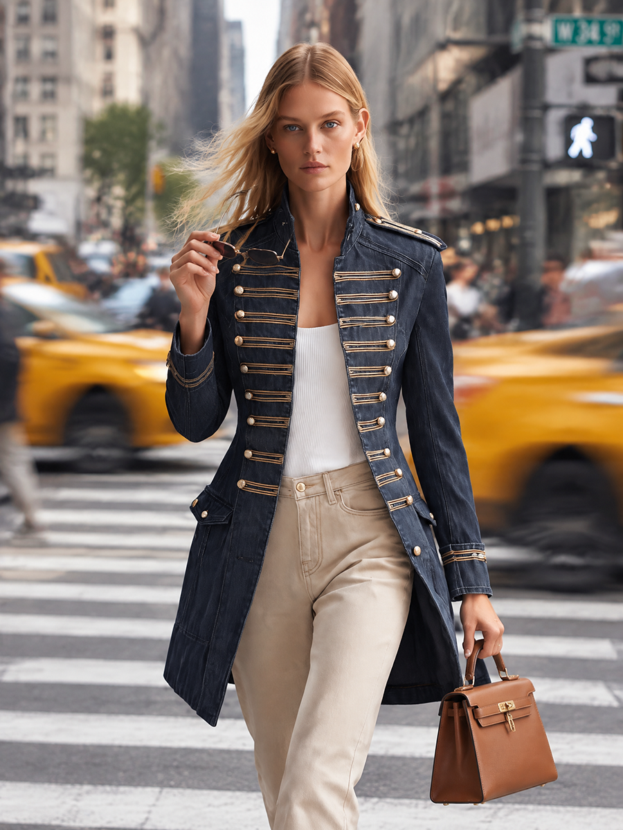 Women’s Denim Military Jacket With Gold Trim