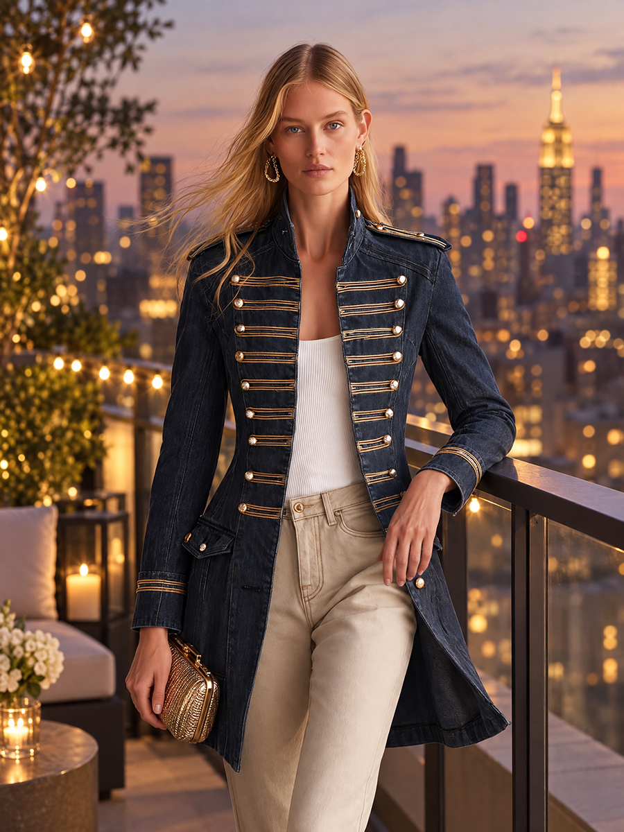 Women’s Denim Military Jacket With Gold Trim