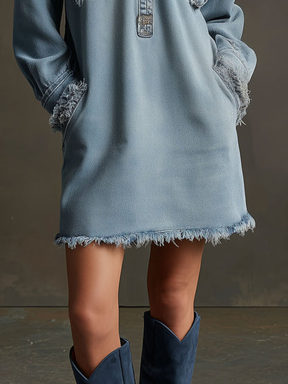 Casual Retro Light Blue Denim Frayed Long-sleeved Mini Dress