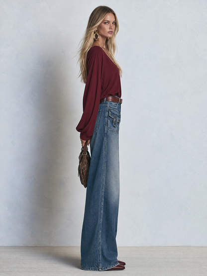 Women’s Wide Leg Denim Pants With Utility Pockets