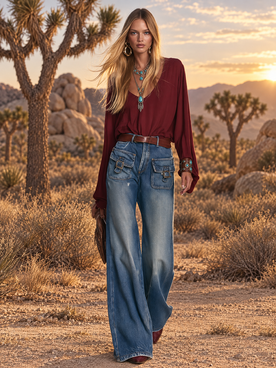 Women’s Wide Leg Denim Pants With Utility Pockets