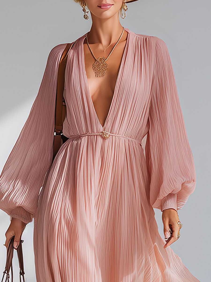 Elegant And Loose-fitting Pink V-neck Chiffon Maxi Dress