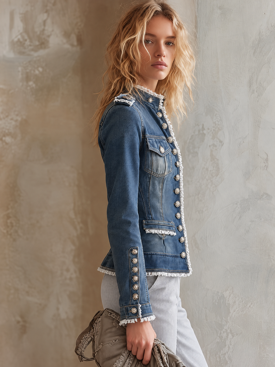 Military Button Frayed Denim Jacket For Women