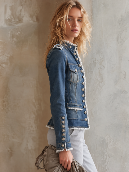 Military Button Frayed Denim Jacket For Women