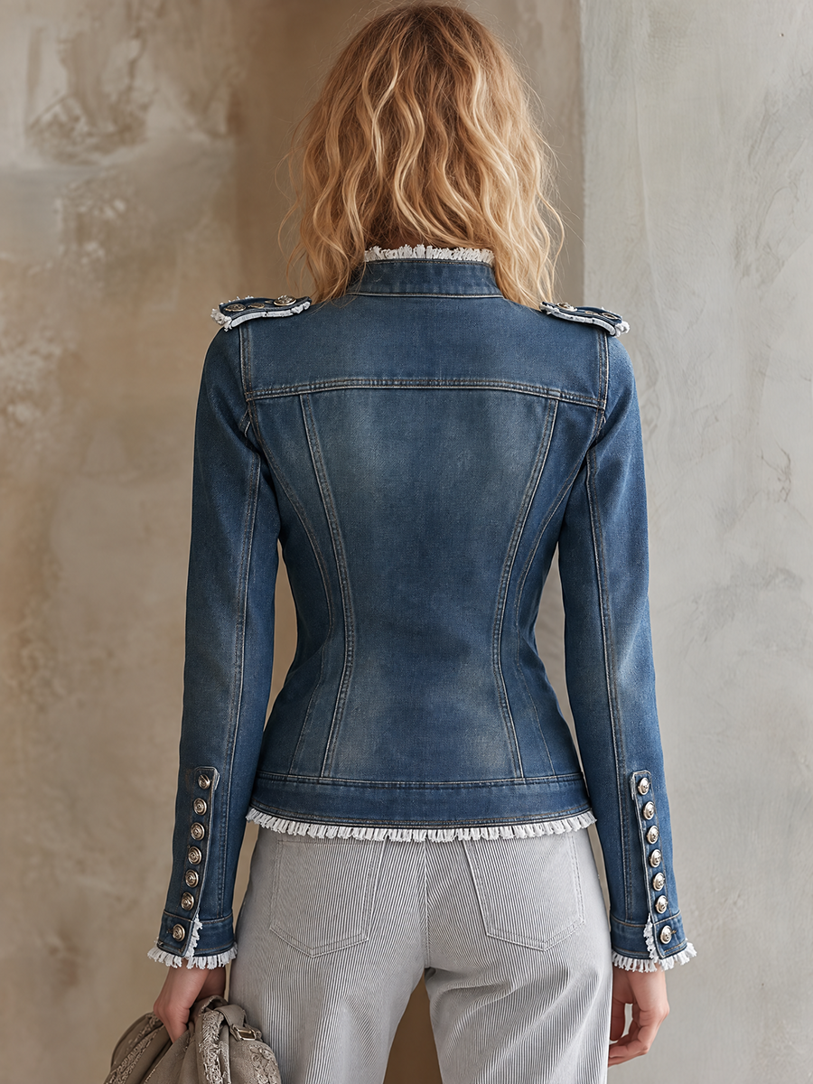 Military Button Frayed Denim Jacket For Women