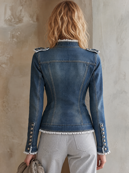 Military Button Frayed Denim Jacket For Women