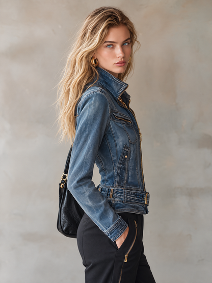 Belted Denim Moto Jacket For Women