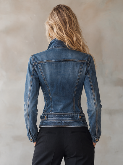 Belted Denim Moto Jacket For Women