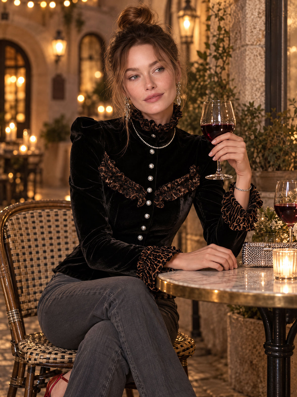 Stylish Retro Brown Leopard Print Ruffled Black Velvet Long-Sleeve Shirt