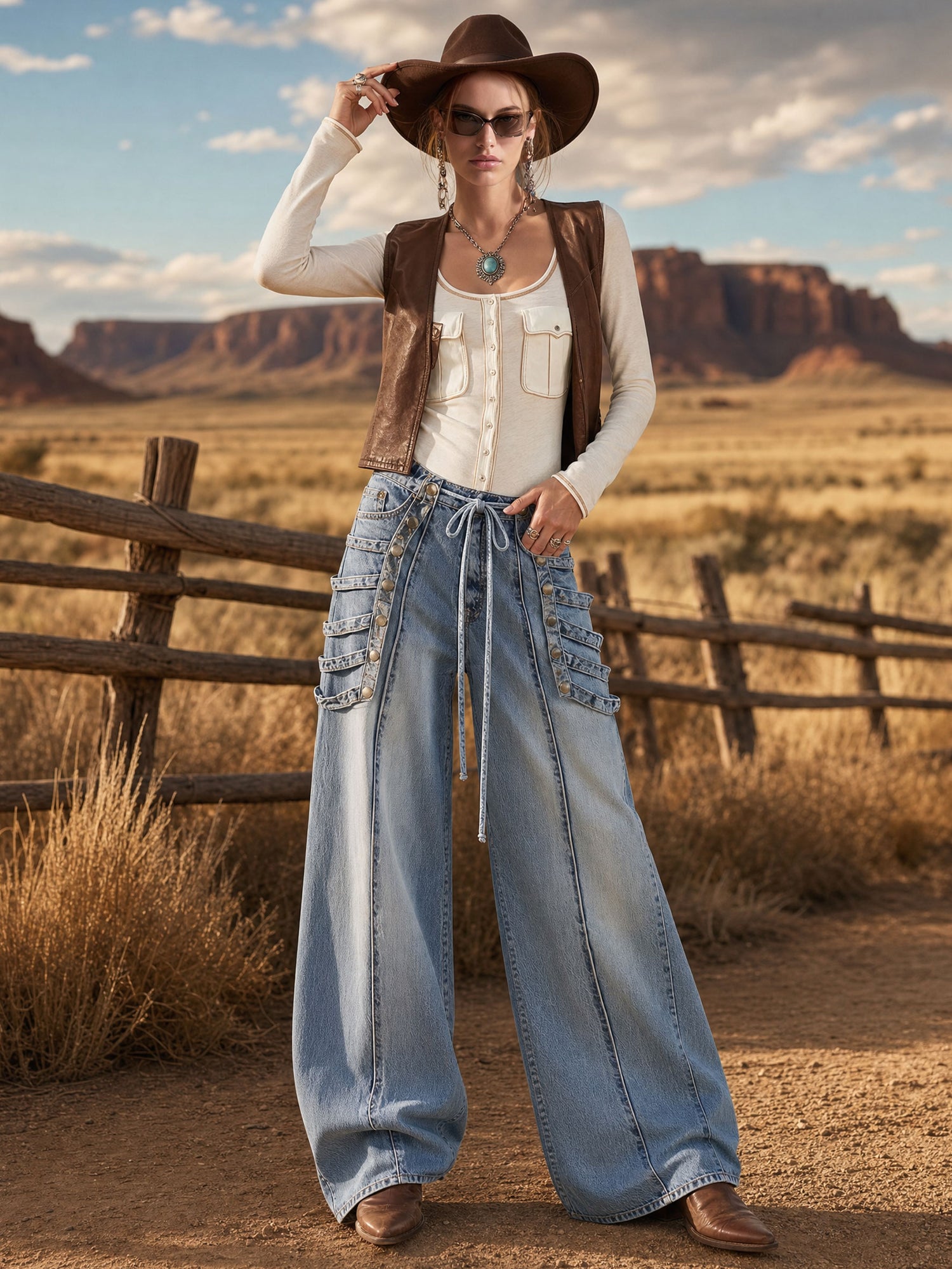 Military-style Retro Studded Lace-up Washed Blue Jeans
