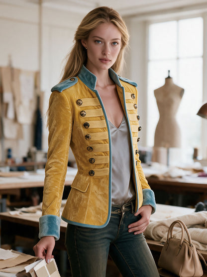 Retro Yellow Round Neck Button-decorated Velvet Jacket