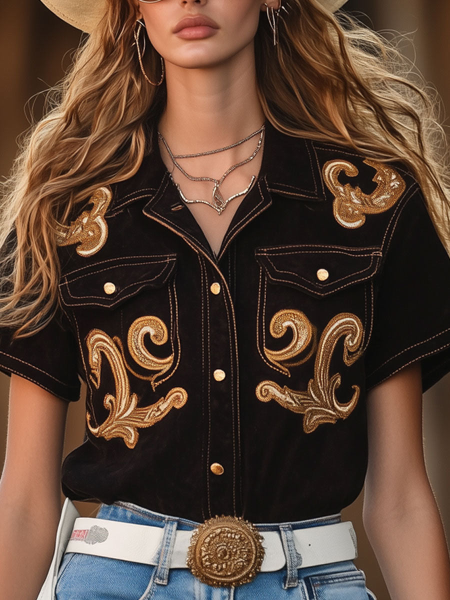 Casual Loose Retro Suede Gold Thread Ethnic Embroidery Short Sleeve Shirt