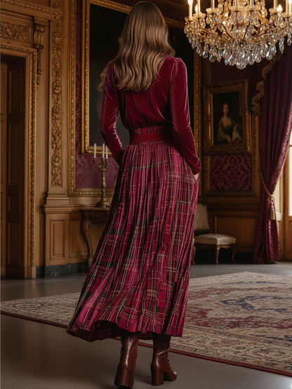 Festive Retro Red Velvet Turtleneck Plaid Skirt Set