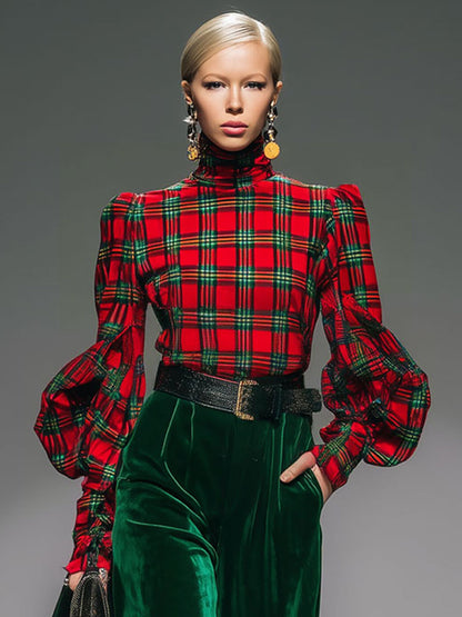 Trendy Retro Plaid Velvet Turtleneck Long-sleeved T-shirt And Wide-leg Pants Set