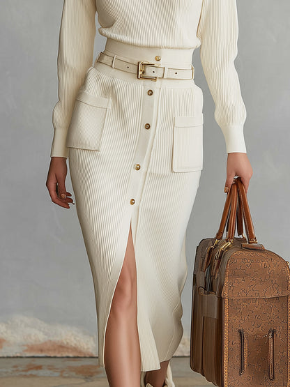 Casual And Stylish Buttons And A Slit Beige Knitted Midi Dress