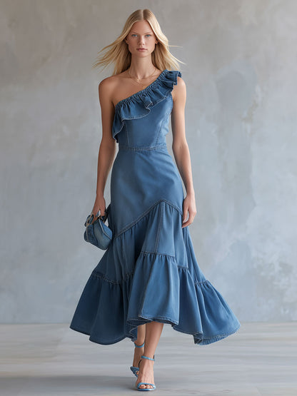 One-shoulder Ruffled Sleeveless Denim Maxi Dress